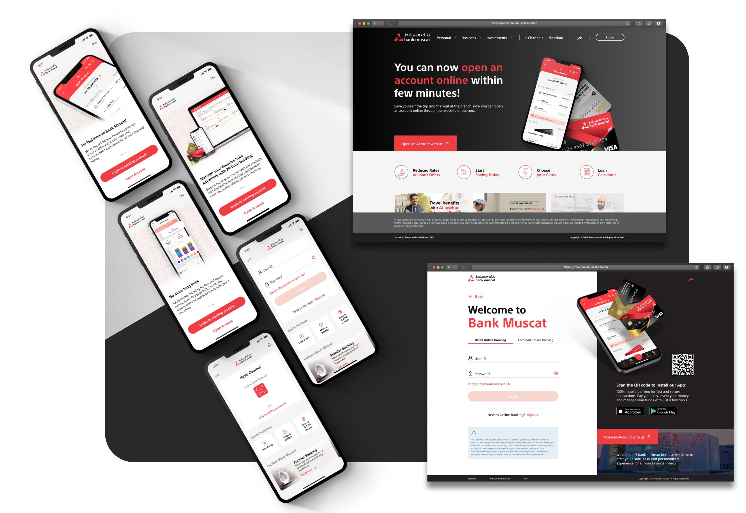 Composition of mockups of various devices, with interface screens on a UI and UX revamp for a bank in Oman.