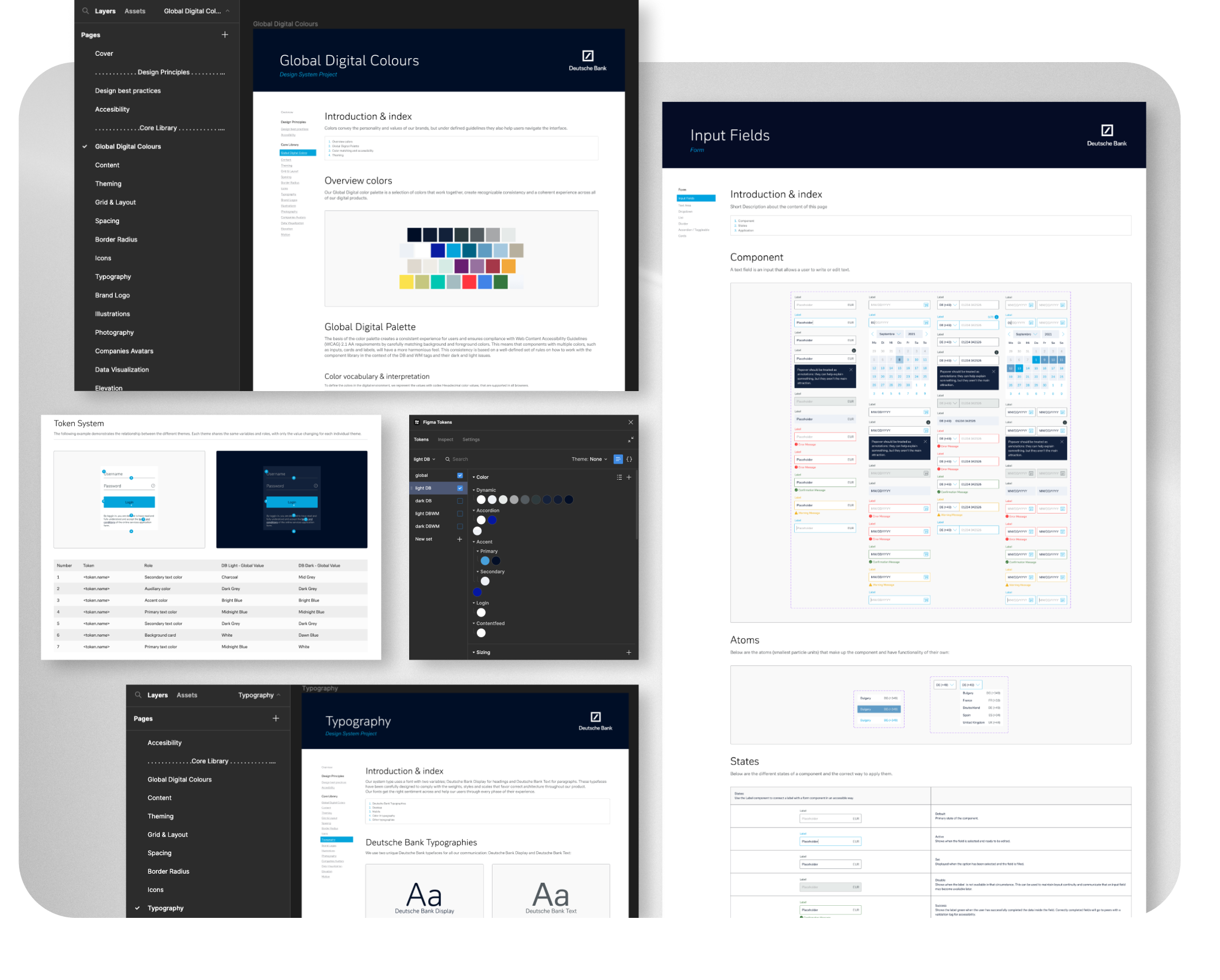 Graphic composition showing a design system created in Figma, as a prototype for a large banking company.