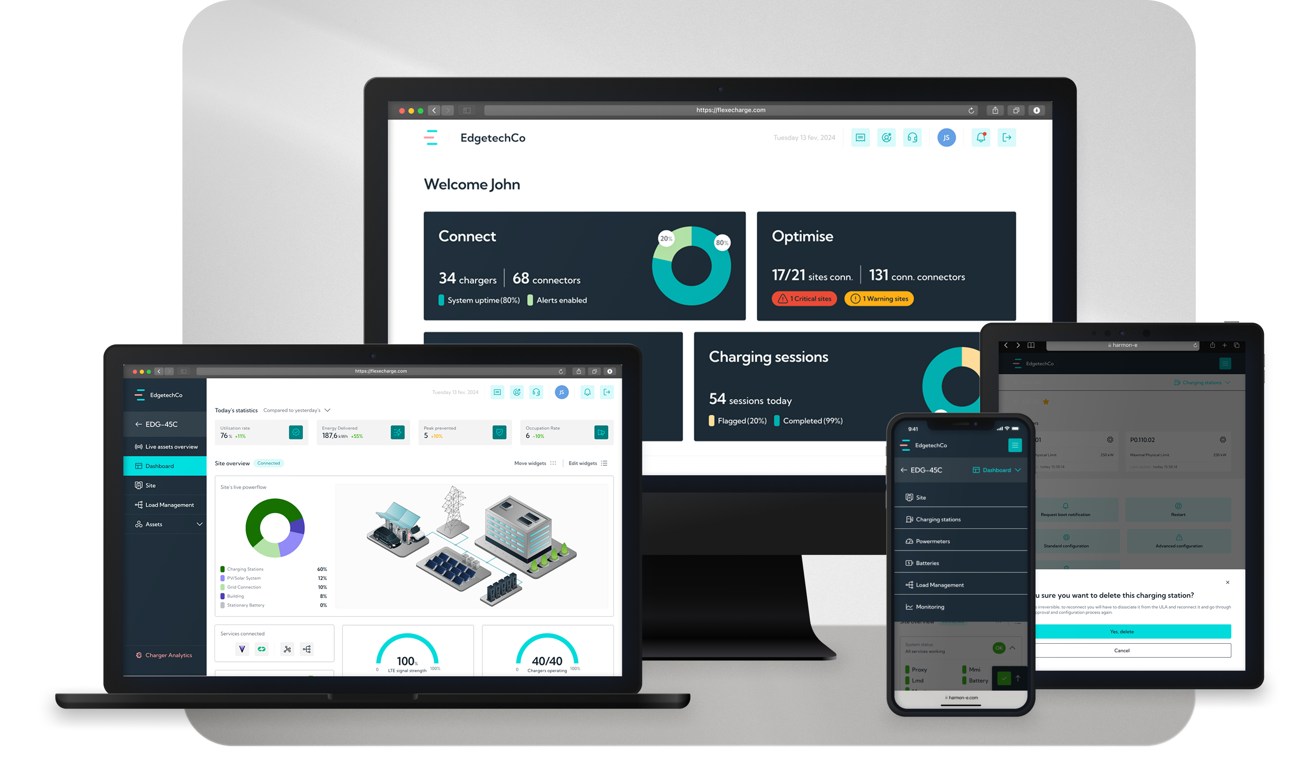 Several devices mockup composition, with screens containing an energy management software interface