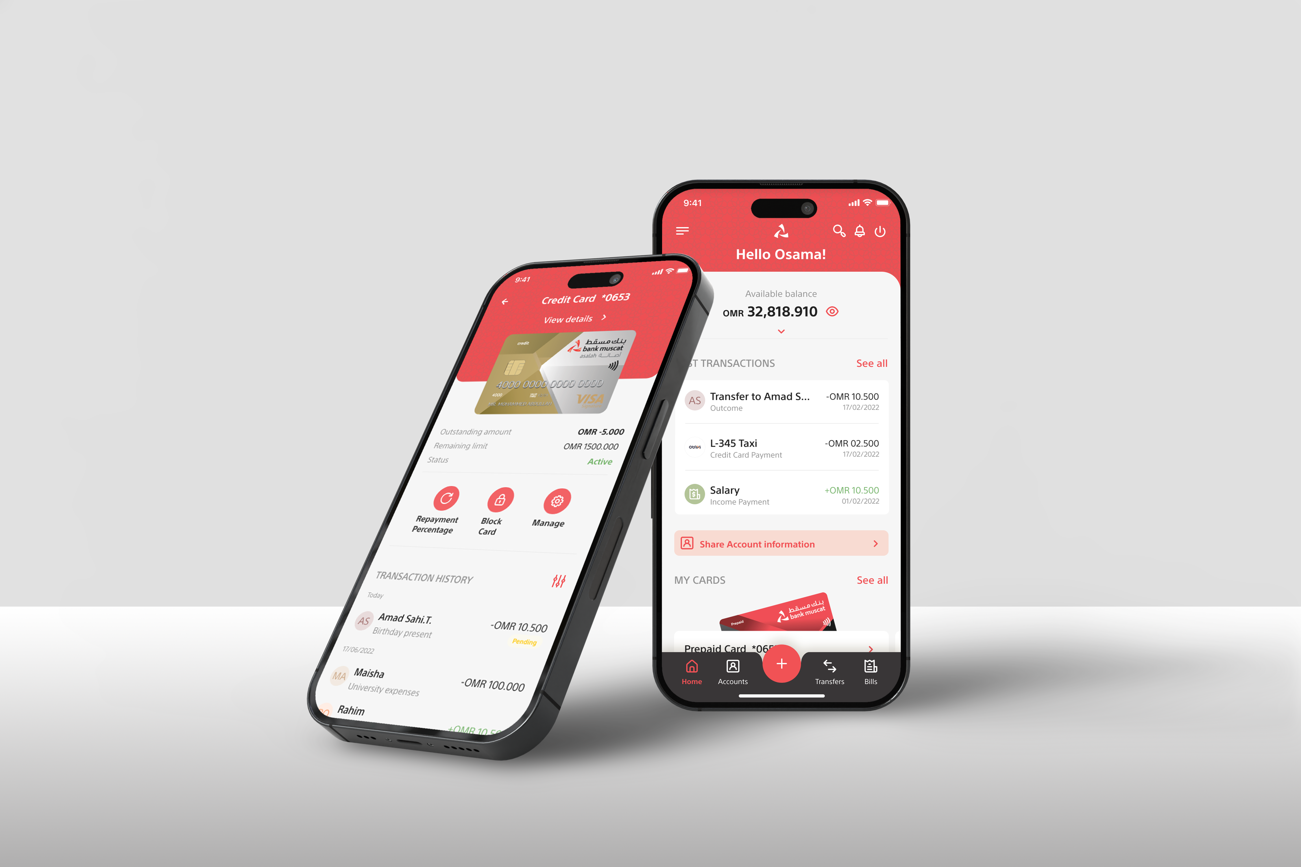 Composition of mobile banking application screens showing dashboard and card page
