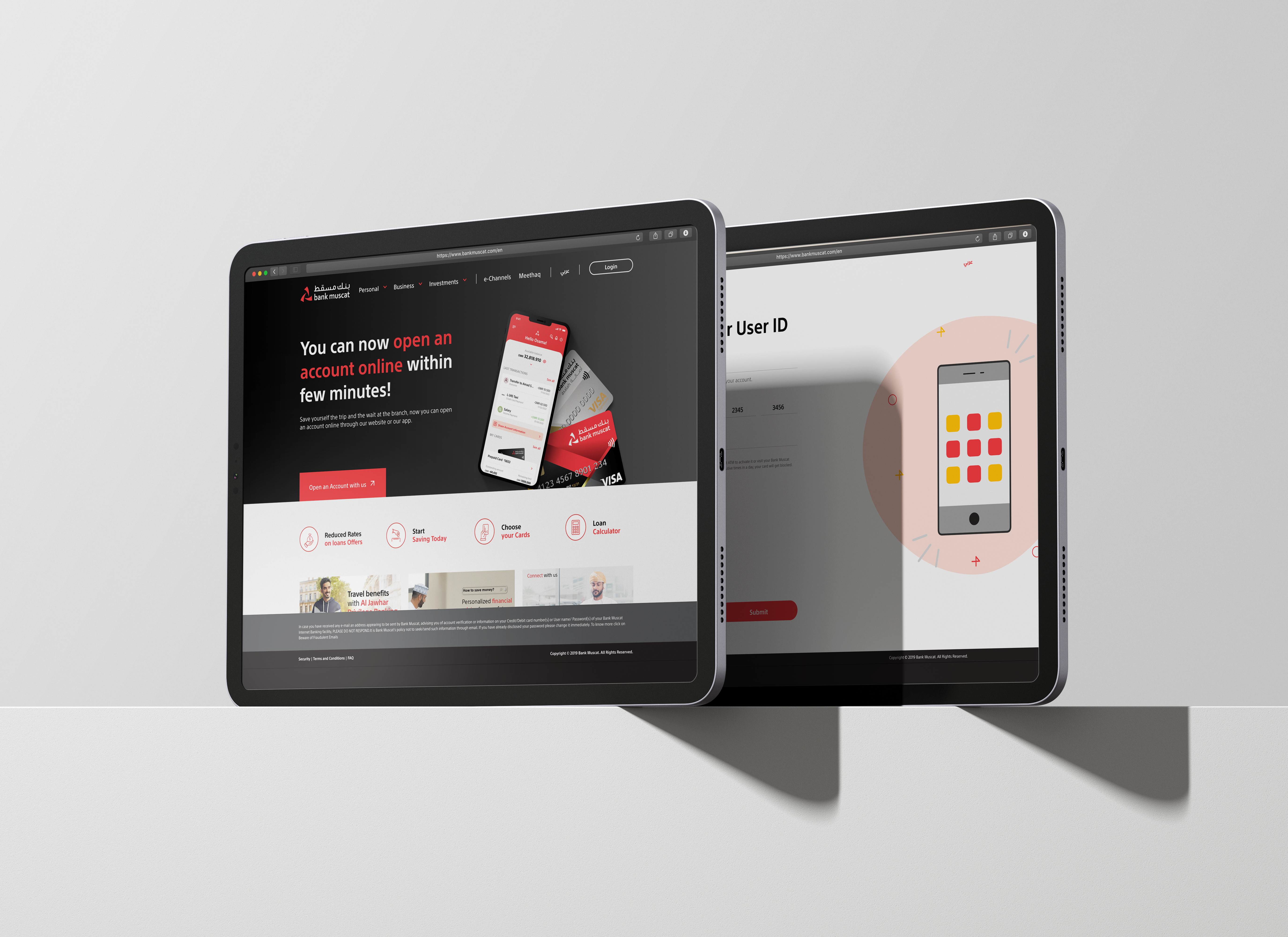 composition of banking application desktop screens showing web page and login page